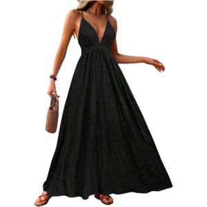 imageMakeMeChic Womens Summer Blue and White Floral Dress Boho Backless Maxi Sundress Spaghetti Strap Flowy DressBlack C