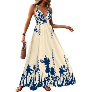 imageMakeMeChic Womens Summer Blue and White Floral Dress Boho Backless Maxi Sundress Spaghetti Strap Flowy DressBlue B
