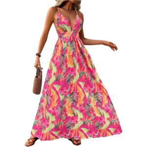 imageMakeMeChic Womens Summer Blue and White Floral Dress Boho Backless Maxi Sundress Spaghetti Strap Flowy DressHot Pink B