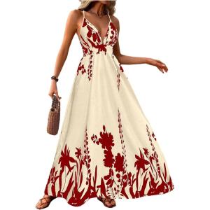 imageMakeMeChic Womens Summer Blue and White Floral Dress Boho Backless Maxi Sundress Spaghetti Strap Flowy DressRed B