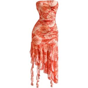 imageMakeMeChic Womens Summer Mesh Floral Strapless Tube Dress Asymmetrical Ruched Ruffle Bodycon Short DressesMulticolor