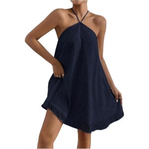 imageMakeMeChic Womens Summer Mini Dress Sleeveless Tie Back Halter Flowy Short DressBlue