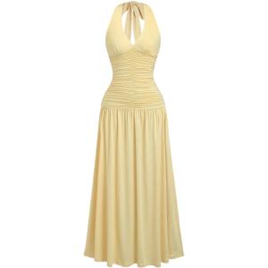 imageMakeMeChic Womens Tie Backless Halter Dress V Neck Ruched Party Maxi DressesYellow