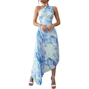 imageMakeMeChic Womens Tie Dye One Shoulder Dress Floral Asymmetrical Cut Out Drawstring Pleated Maxi DressesBlue