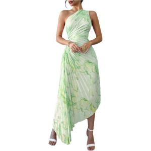 imageMakeMeChic Womens Tie Dye One Shoulder Dress Floral Asymmetrical Cut Out Drawstring Pleated Maxi DressesGreen
