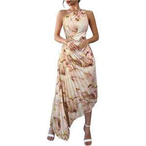 imageMakeMeChic Womens Tie Dye One Shoulder Dress Floral Asymmetrical Cut Out Drawstring Pleated Maxi DressesKhaki