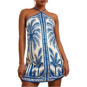 imageMakeMeChic Womens Tropical Print Halter Dress Tie Backless Spaghetti Strap Boho Short DressesBlue and White