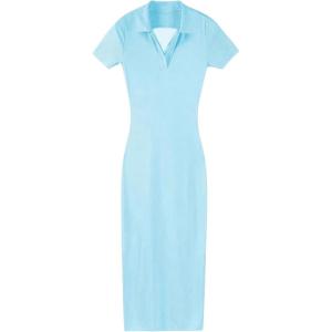 imageMakeMeChic Womens V Neck Collared Backless Dress Rib Knit Bodycon Maxi DressesBlue