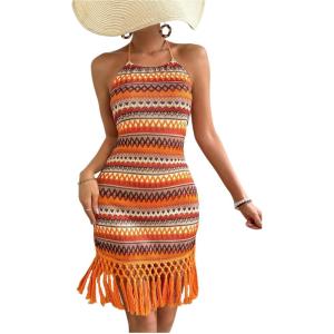 imageMakeMeChic Womens Vacation Striped Halter Dress Tie Open Back Fringe Bodycon Summer DressesOrange