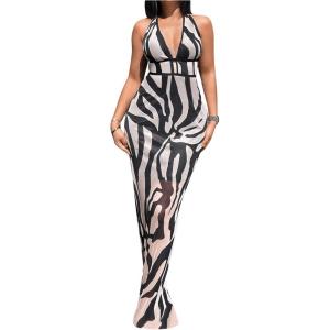 imageMakeMeChic Womens Zebra Print Dress Halter High Waist Mesh Bodycon Backless Maxi DressesMulticolor
