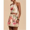 imageMakeMeChic 2 Piece Set for Women Summer Vacation Outfits Boho Halter Crop Tops and Wrap Skirt Shorts SetFloral Beige