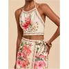 imageMakeMeChic 2 Piece Set for Women Summer Vacation Outfits Boho Halter Crop Tops and Wrap Skirt Shorts SetFloral Beige