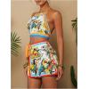 imageMakeMeChic 2 Piece Set for Women Summer Vacation Outfits Boho Halter Crop Tops and Wrap Skirt Shorts SetMulticolor