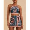 imageMakeMeChic Womens 2 Piece Boho Outfit Floral Halter Crop Tops and Wrap Knot Shorts SetBlack
