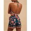 imageMakeMeChic Womens 2 Piece Boho Outfit Floral Halter Crop Tops and Wrap Knot Shorts SetBlack