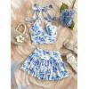 imageMakeMeChic Womens 2 Piece Outfit Floral Ruched Tie Backless Halter Crop Tops and Tiered Ruffle Skirt SetBlue and White