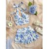 imageMakeMeChic Womens 2 Piece Outfit Floral Ruched Tie Backless Halter Crop Tops and Tiered Ruffle Skirt SetBlue and White