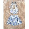 imageMakeMeChic Womens 2 Piece Outfit Floral Ruched Tie Backless Halter Crop Tops and Tiered Ruffle Skirt SetBlue and White
