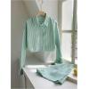imageMakeMeChic Womens 2 Piece Outfit Striped Button Down Sets Casual Long Sleeve Crop Tops and ShortsGreen
