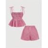 imageMakeMeChic Womens 2 Piece Outfits Striped Tie Shoulder Peplum Shirred Camisole and Shorts SetRed
