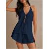 imageMakeMeChic Womens 2 Piece Set Summer Outfits Tie Front Backless Halter Top and Wide Leg Shorts SetBlue