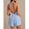 imageMakeMeChic Womens 2 Piece Set Summer Outfits Tie Front Backless Halter Top and Wide Leg Shorts SetBlue a