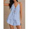 imageMakeMeChic Womens 2 Piece Set Summer Outfits Tie Front Backless Halter Top and Wide Leg Shorts SetBlue a