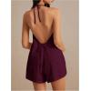imageMakeMeChic Womens 2 Piece Set Summer Outfits Tie Front Backless Halter Top and Wide Leg Shorts SetBurgundy