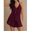imageMakeMeChic Womens 2 Piece Set Summer Outfits Tie Front Backless Halter Top and Wide Leg Shorts SetBurgundy