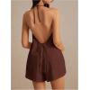 imageMakeMeChic Womens 2 Piece Set Summer Outfits Tie Front Backless Halter Top and Wide Leg Shorts SetCoffee Brown