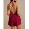 imageMakeMeChic Womens 2 Piece Set Summer Outfits Tie Front Backless Halter Top and Wide Leg Shorts SetRose Red