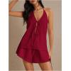imageMakeMeChic Womens 2 Piece Set Summer Outfits Tie Front Backless Halter Top and Wide Leg Shorts SetRose Red