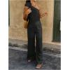 imageMakeMeChic Womens 2 Piece Summer Beach Outfit Linen 3D Floral One Shoulder Tank Tops and Wide Leg Pants SetBlack