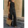 imageMakeMeChic Womens 2 Piece Summer Beach Outfit Linen 3D Floral One Shoulder Tank Tops and Wide Leg Pants SetBlack