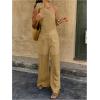 imageMakeMeChic Womens 2 Piece Summer Beach Outfit Linen 3D Floral One Shoulder Tank Tops and Wide Leg Pants SetKhaki