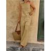 imageMakeMeChic Womens 2 Piece Summer Beach Outfit Linen 3D Floral One Shoulder Tank Tops and Wide Leg Pants SetKhaki