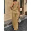 imageMakeMeChic Womens 2 Piece Summer Beach Outfit Linen 3D Floral One Shoulder Tank Tops and Wide Leg Pants SetKhaki