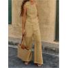 imageMakeMeChic Womens 2 Piece Summer Beach Outfit Linen 3D Floral One Shoulder Tank Tops and Wide Leg Pants SetKhaki