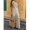 imageMakeMeChic Womens 2 Piece Summer Beach Outfit Linen 3D Floral One Shoulder Tank Tops and Wide Leg Pants SetKhaki a