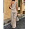 imageMakeMeChic Womens 2 Piece Summer Beach Outfit Linen 3D Floral One Shoulder Tank Tops and Wide Leg Pants SetKhaki a