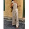 imageMakeMeChic Womens 2 Piece Summer Beach Outfit Linen 3D Floral One Shoulder Tank Tops and Wide Leg Pants SetKhaki a