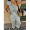 imageMakeMeChic Womens 2 Piece Summer Beach Outfit Linen 3D Floral One Shoulder Tank Tops and Wide Leg Pants SetLight Wash