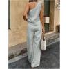 imageMakeMeChic Womens 2 Piece Summer Beach Outfit Linen 3D Floral One Shoulder Tank Tops and Wide Leg Pants SetLight Wash