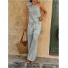 imageMakeMeChic Womens 2 Piece Summer Beach Outfit Linen 3D Floral One Shoulder Tank Tops and Wide Leg Pants SetLight Wash