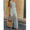 imageMakeMeChic Womens 2 Piece Summer Beach Outfit Linen 3D Floral One Shoulder Tank Tops and Wide Leg Pants SetLight Wash