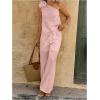 imageMakeMeChic Womens 2 Piece Summer Beach Outfit Linen 3D Floral One Shoulder Tank Tops and Wide Leg Pants SetPink