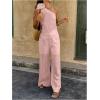 imageMakeMeChic Womens 2 Piece Summer Beach Outfit Linen 3D Floral One Shoulder Tank Tops and Wide Leg Pants SetPink