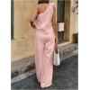 imageMakeMeChic Womens 2 Piece Summer Beach Outfit Linen 3D Floral One Shoulder Tank Tops and Wide Leg Pants SetPink