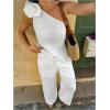 imageMakeMeChic Womens 2 Piece Summer Beach Outfit Linen 3D Floral One Shoulder Tank Tops and Wide Leg Pants SetWhite