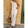 imageMakeMeChic Womens 2 Piece Summer Beach Outfit Linen 3D Floral One Shoulder Tank Tops and Wide Leg Pants SetWhite